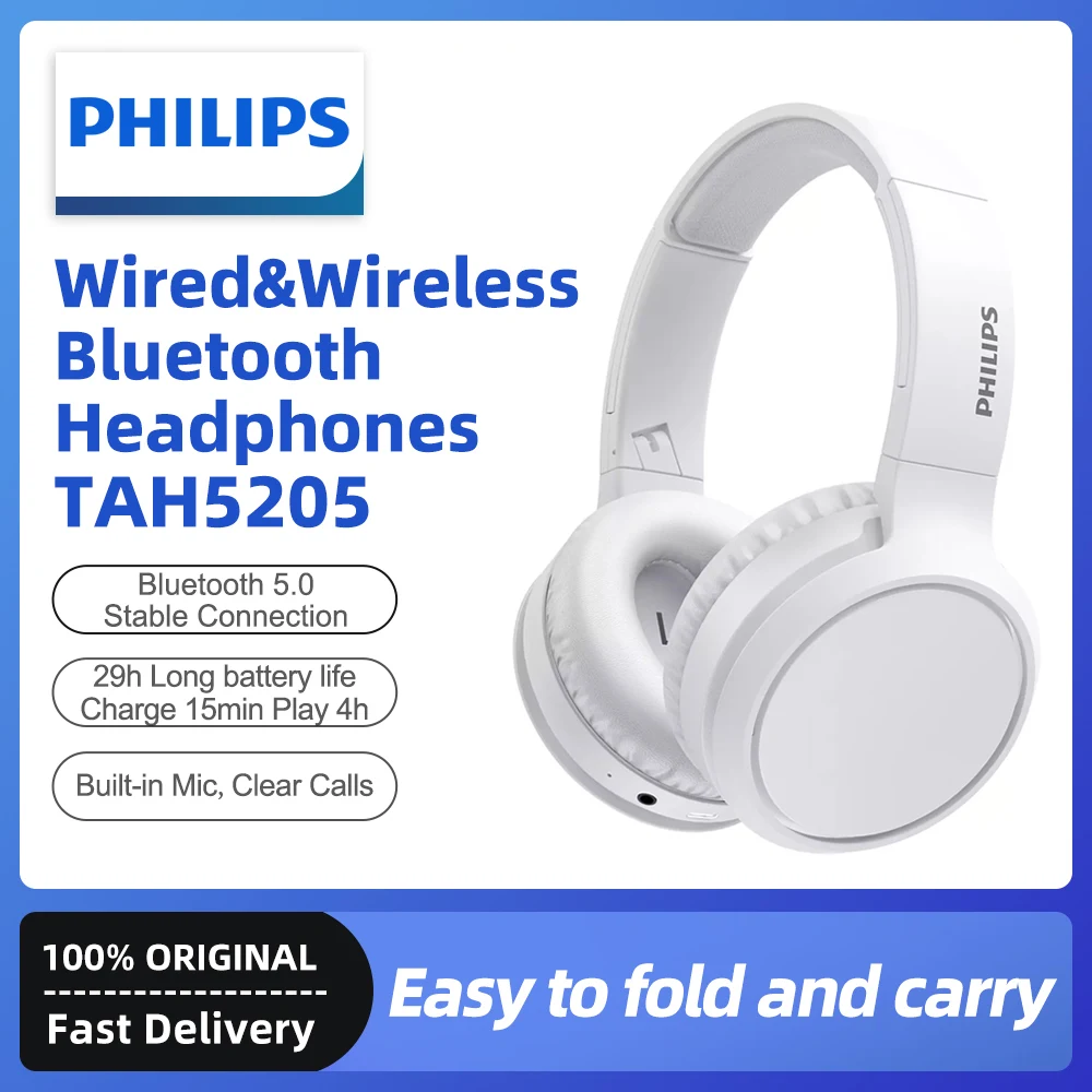 

Philips Wireless Bluetooth Headset Headphones Gamer TAH5205 29h Play Time Bluetooth5.0 Stable Connection Built-in Mic Clear Call