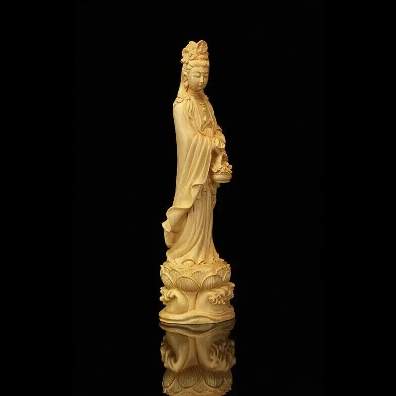 

Collect China Box-wood Carve Holding The Basket Guanyin Ornament Statue Buddhist Feng Shui Home Decor Pray Kai Guang Ornaments