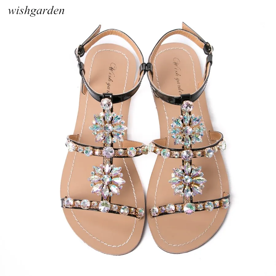 NEW Summer Women`s  Peep Toe Bohemia Sandals Female Diamond Flat Shoes Lady Casual Beach Rhinestone Shining Slippers Plus Size