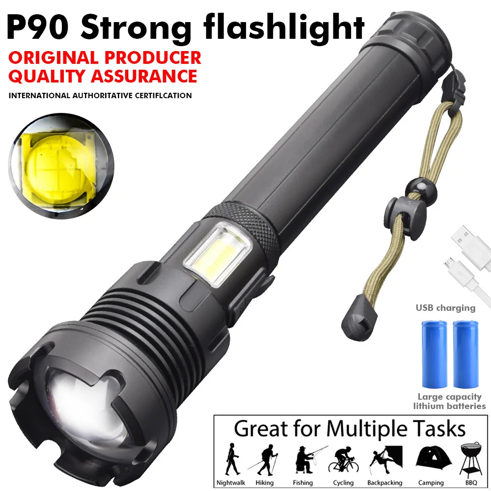 XHP90 COB Flashlight 18650 Powerful LED Tactical Flashlight 26650 Rechargeable Flashlight Lantern Red and White Light Focusing