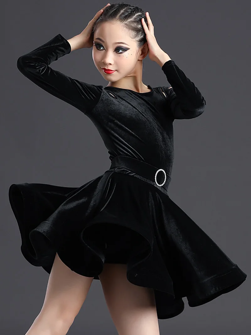 

Children Latin Dance Dress Long Sleeve Kids Girls Autumn Winter Velvet Training Dancing Dress Performance Costume Clothing