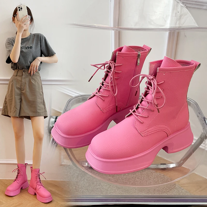 

Ботильоны на толстой подошве, Корейская версия, Новинка лета 2022, тонкие женские ботинки на шнуровке с квадратным носком, короткие женские бо...