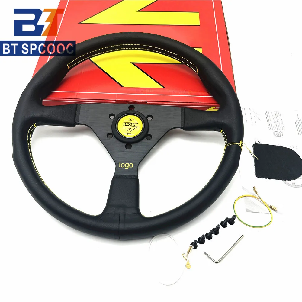 

14inch 350mm Steering Wheel For Momo v1 Style Flat Deep Dish Leather JDM Racing Sport With Horn Button With Logo