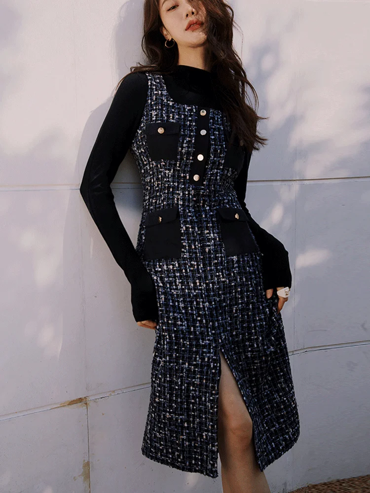 Женское платье темно-синее твидовое до колен без рукавов с блестками женское