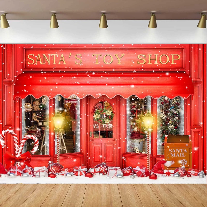

Красный Рождественский фон для фотосъемки магазин игрушек Санты конфеты тростник в снежном мире Рождество семейный праздник баннер для вечеринки декор фона