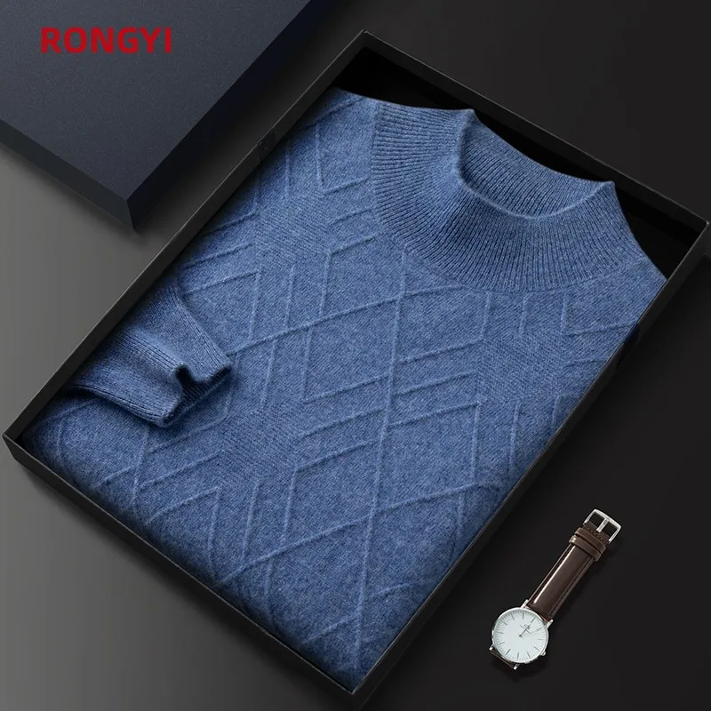 RONGYI 100%Pure Goat Cashmere Sweater Men's Loose Half Turtleneck Jacquard Pullovers Autumn Winter Youth High-End Knit Shirt Top