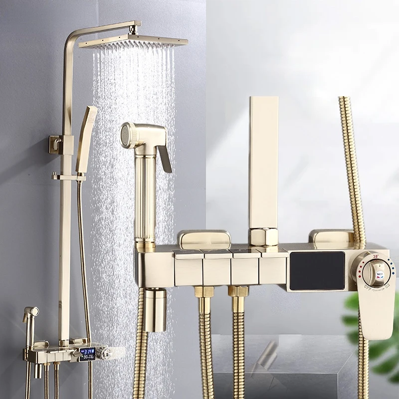 

Thermostatic Piano Key Bathroom Set Brass Waterfall Mixer Faucets Wall Rainfall Digital Shower Faucet