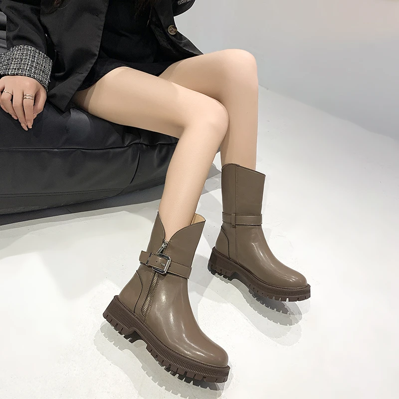 Round Head Square Heel Mid Tube Women's Casual Ankle Boots 2022 Autumn New Fashion Platform Buckle Zipper Women's Chelsea Boots