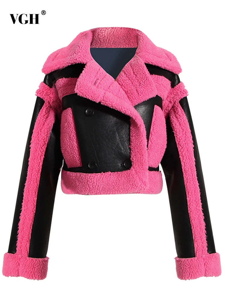 

VGH Hit Color Jackets For Women Lapel Long Sleeve Patchwork Double Breasted Temperament Jacket Female Autumn Fashion 2022 New