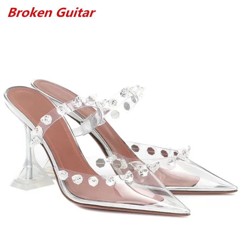 

Spring New Rivets, Rhinestone Buttons, Pointed Baotou, Transparent Sandals, Women's French High Heels