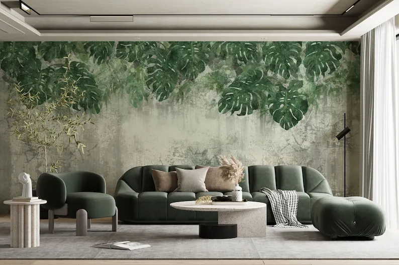 

Dark Green Big Leaves Watercolor Tropical Wallpaper, Trendy Monstera Leaf Pattern Easy Removable Wall Mural