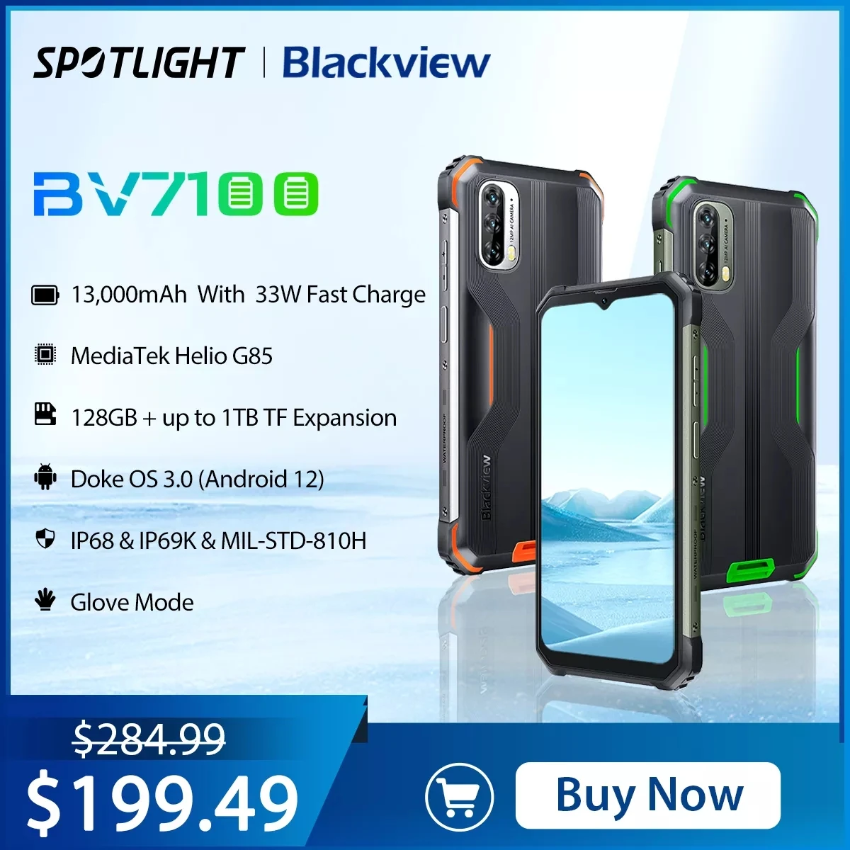 Смартфон Blackview BV7100, усиленный, 6 + 128 ГБ, 13000 мА · ч, Android 12, 6,58 дюйма, IP68, NFC, 4G