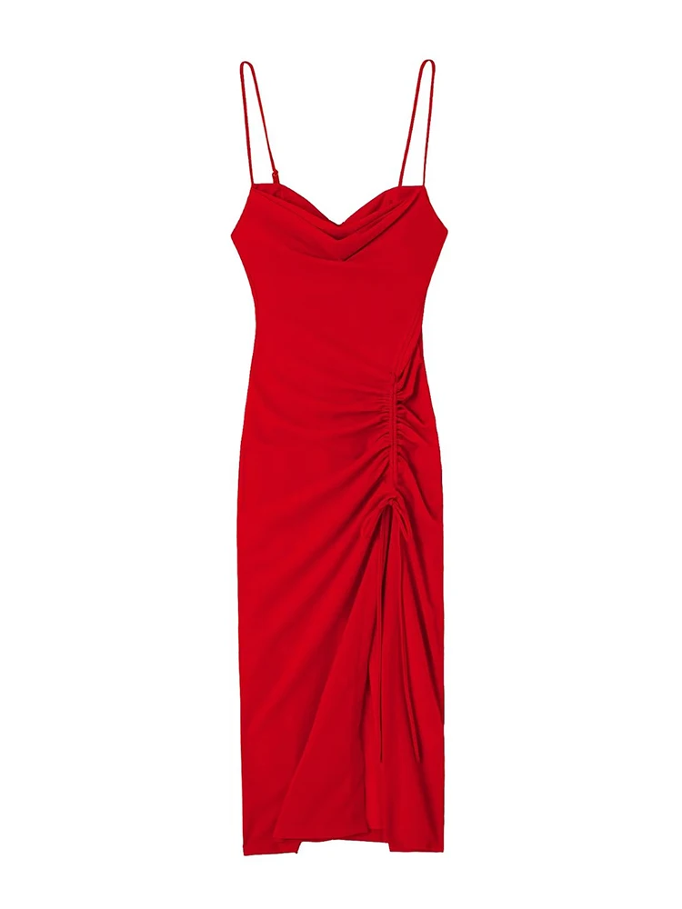 

YENKYE New Women Fashion Slits Draped Sling Red Dress Romantic Female Sleeveless Club Party Sexy Dress Midi Vestido