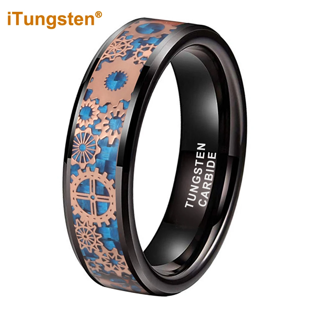

iTungsten 6mm 8mm Carbon Fiber Gear Inlay Dropshipping Black Tungsten Ring Men Women Wedding Band Trendy Jewelry Comfort Fit