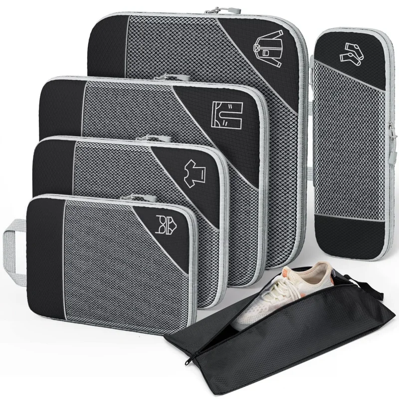 3/6PCS Compressed Packing Cubes Travel Storage Set With Shoe Bag Mesh Visual Luggage Organizer Portable Lightweight Suitcase Bag