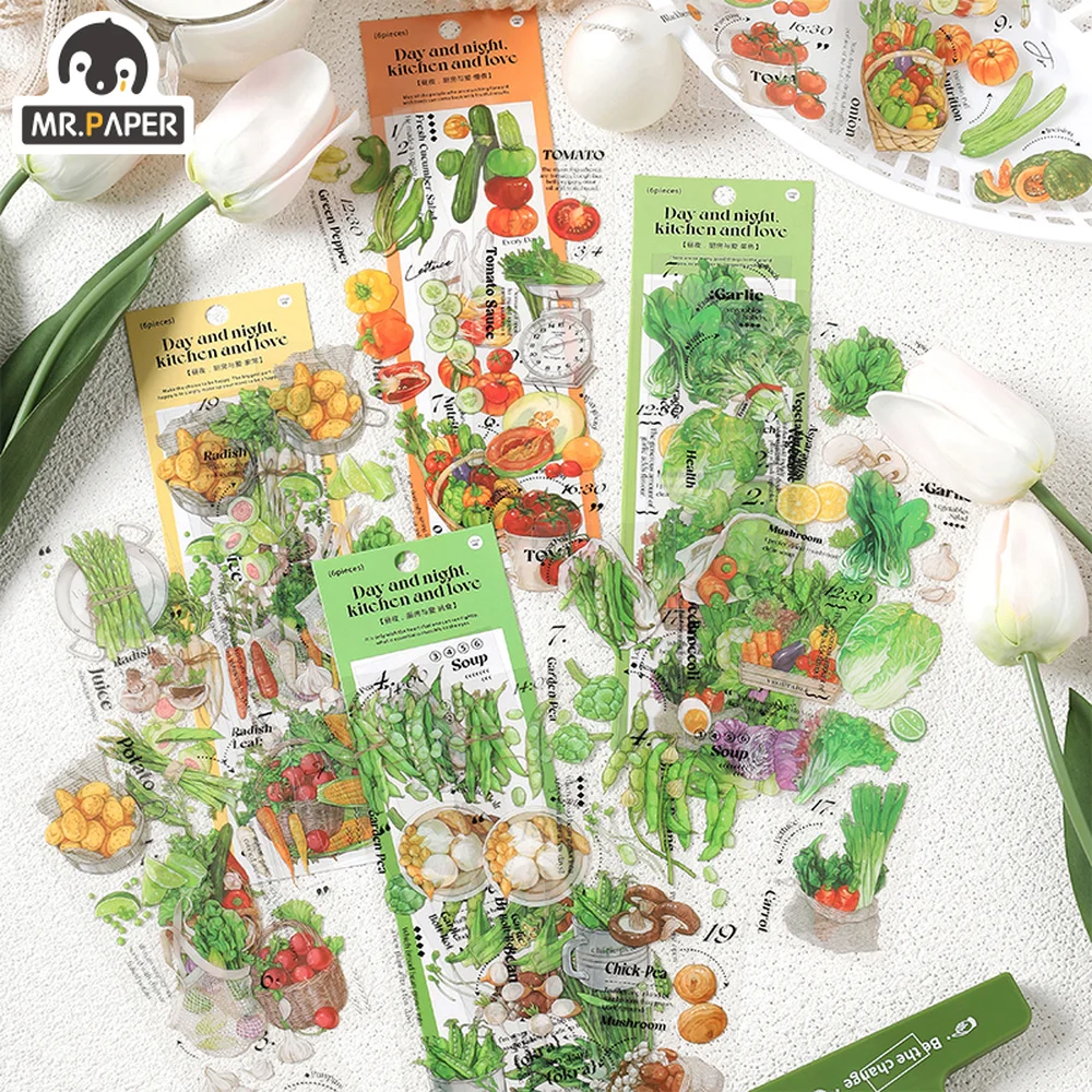 Mr.paper 4 Styles 6Pcs/Bag Fresh Vegetables PET Sticker Literary Kitchen Food Series Scrapbooking Decoration Stationery Stickers