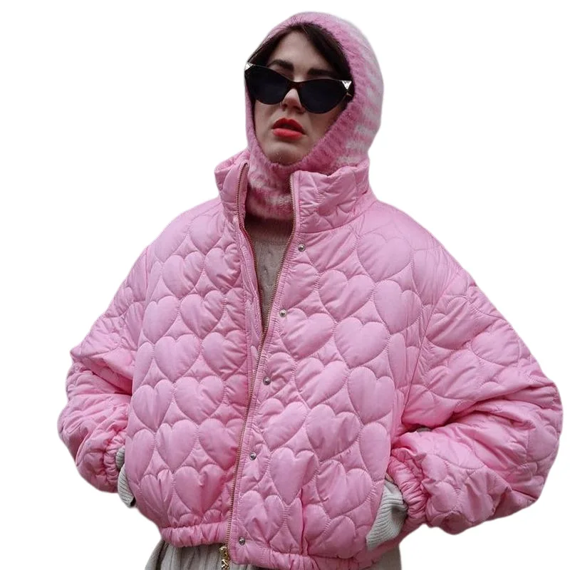 Street Wind Stand Collar Love Embossed Jacket Female 2022 Autumn and Winter Long-Sleeved Hundred with Warm Casual Cotton Jacket