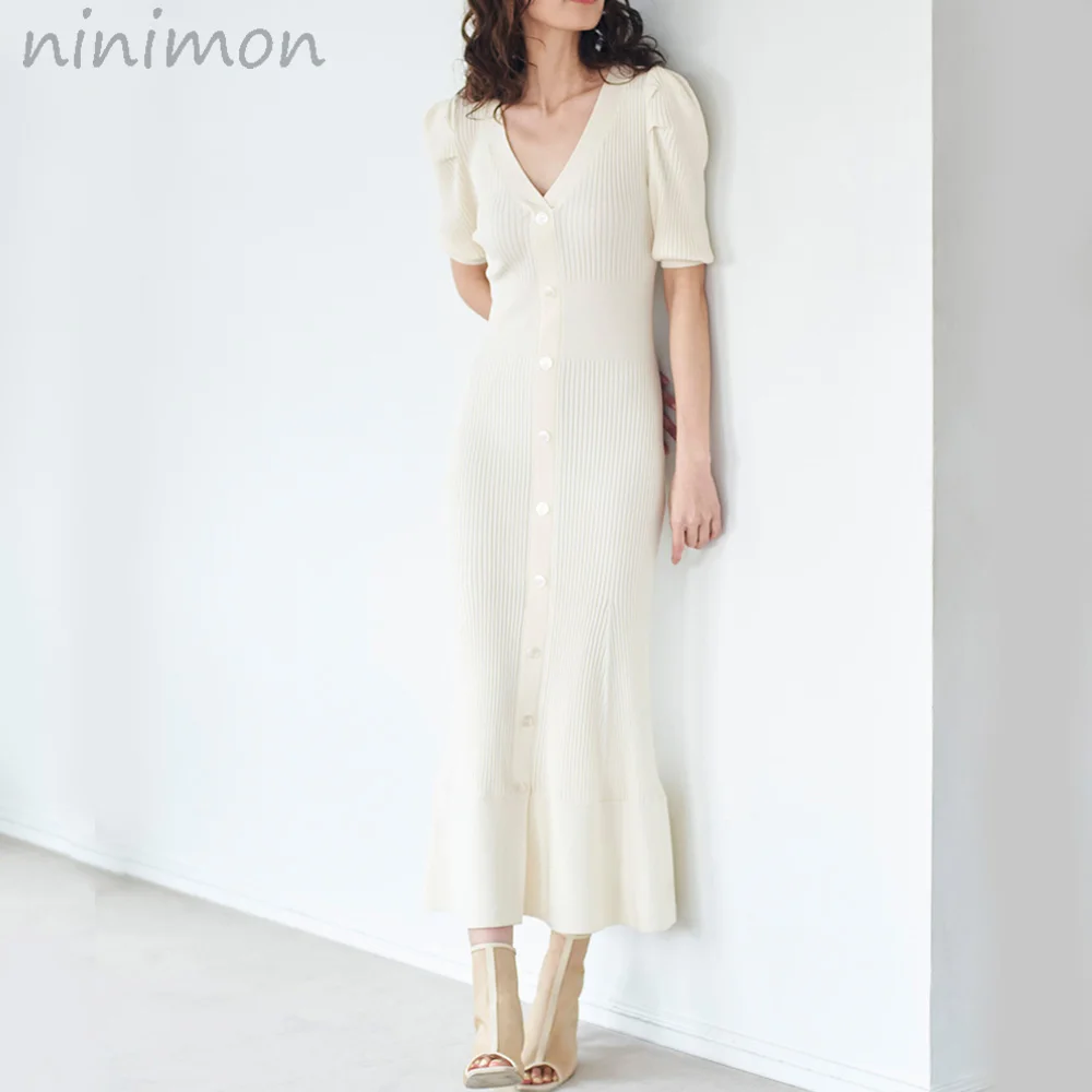 

NINIMON Ribbed Knit Dress Single Breasted V-neck Solid Slim Fit Bodycon Dresses Knitted Fishtail Dress Elegant Puff Sleeve Vesti