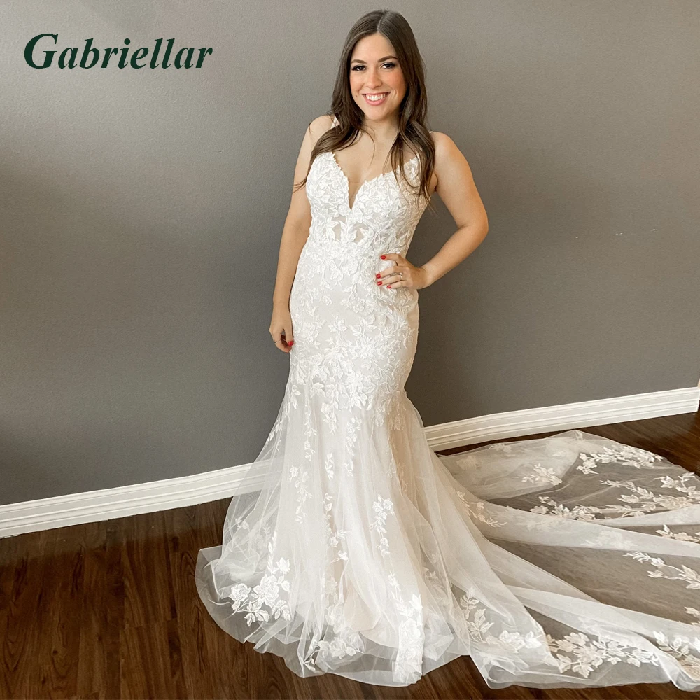 

Gabriellar Exquisite Brides Wedding Dresses Spaghetti Straps Appliques V-neck Backless Court Train Vestido De Noiva Custome Made