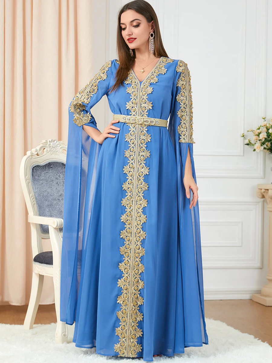 Muslim Women V-neck Dress Abaya Party Dresses Long Sleeve Abayas Middle East Dubai Turkey Islam Kaftan Robe Longue Vestidos Eid