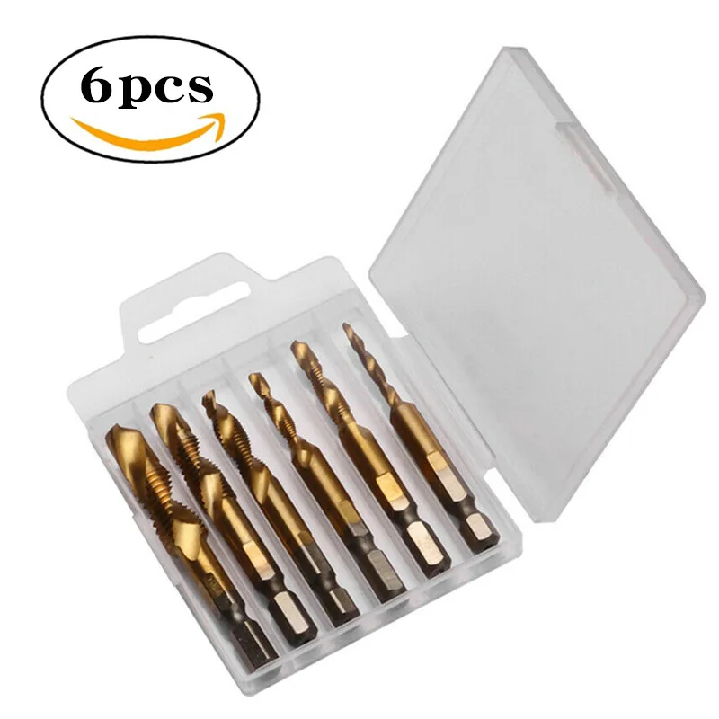 

6Pcs Metric Thread Tap Drill Bit Set Hex Shank Titanium Plated HSS Screw Compound Tap Screw Machine M3 M4 M5 M6 M8 M10 Hand Tool