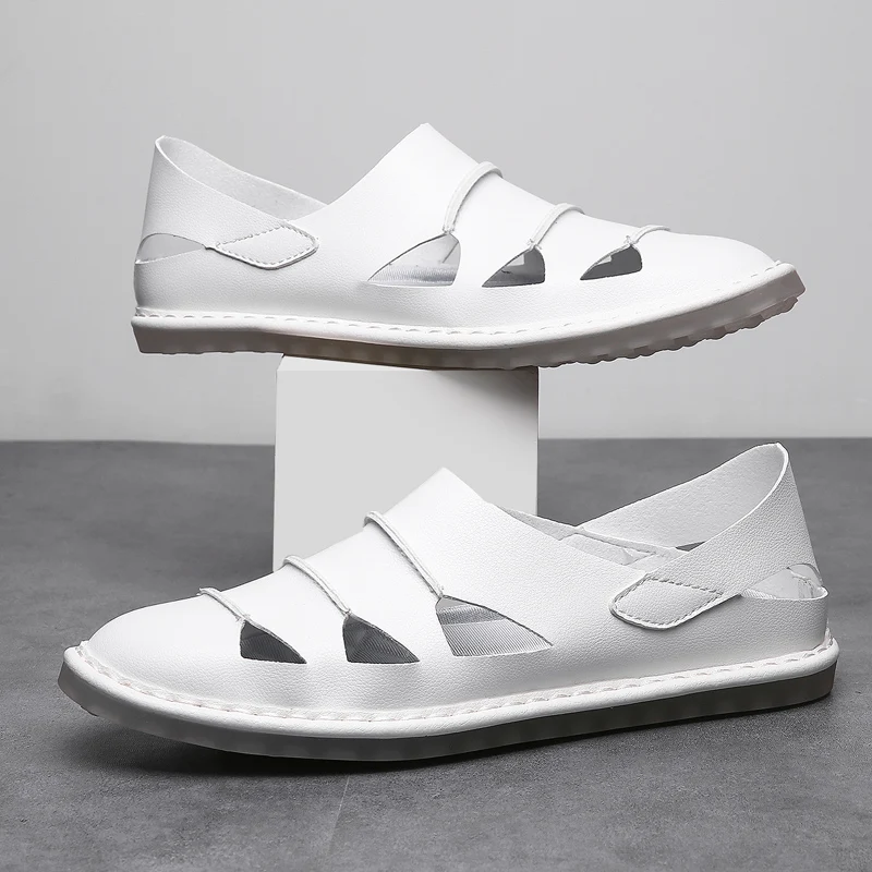 

Сандалии мужские кожаные без застежки, повседневная обувь в римском ретро стиле, пляжные шлепанцы, плоская подошва, летние тапочки, 2022