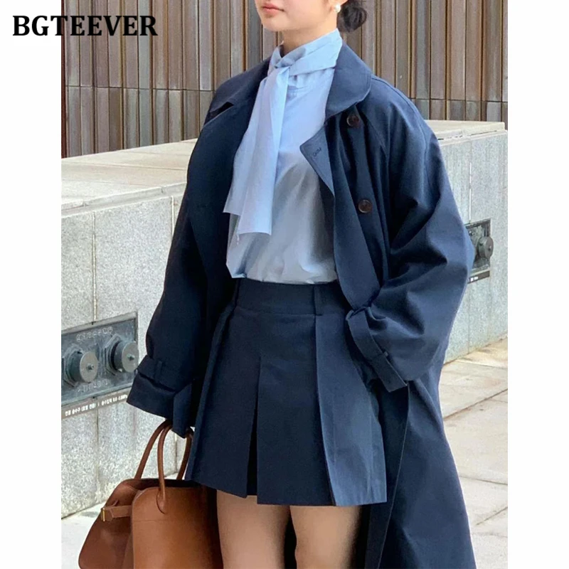 Модный женский однотонный длинный Тренч BGTEEVER с отложным воротником повседневная