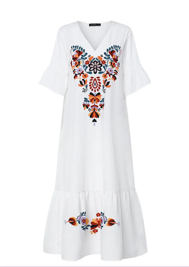 2022 Summer Women Sexy V-neck Long Maxi Dress Elegant Print Linen Boho vestidos robe White Plus Size 5xl Female Loose Dresses
