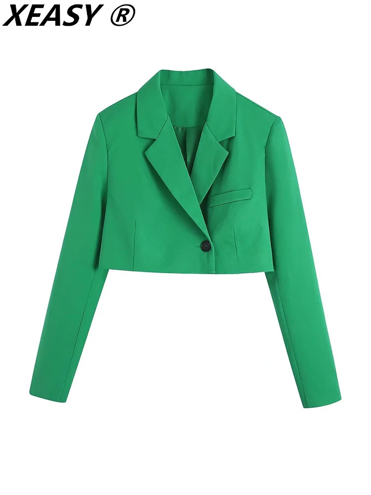

XEASY Fashion Woman Blazer 2022 Summer Women Clothing Cropped Blazer Green Office Wear Women Jacket Female Blazers