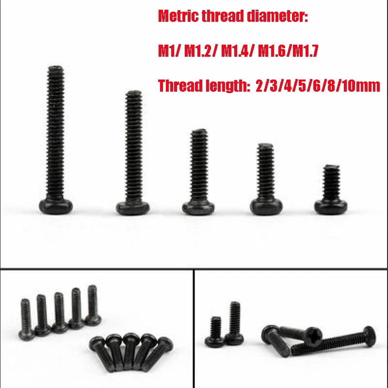 

100pcs High Quality Black carbon steel pan head Phillips screws M1 M1.2 M1.4 M1.6 M1.7 Round Bolt.