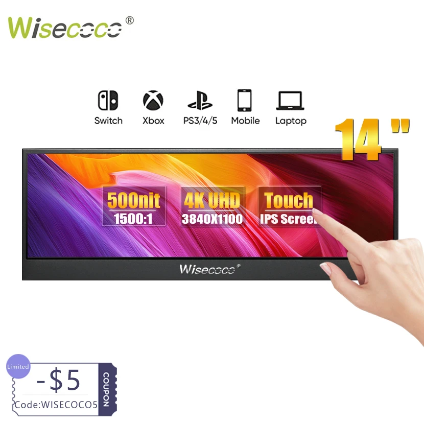 Wisecoco 14 inch 4K Touch Secondary Screen IPS Bar Monitor HDMI Type c For Laptop PC Raspberry PI Aida 64 phone CPU GPU Display