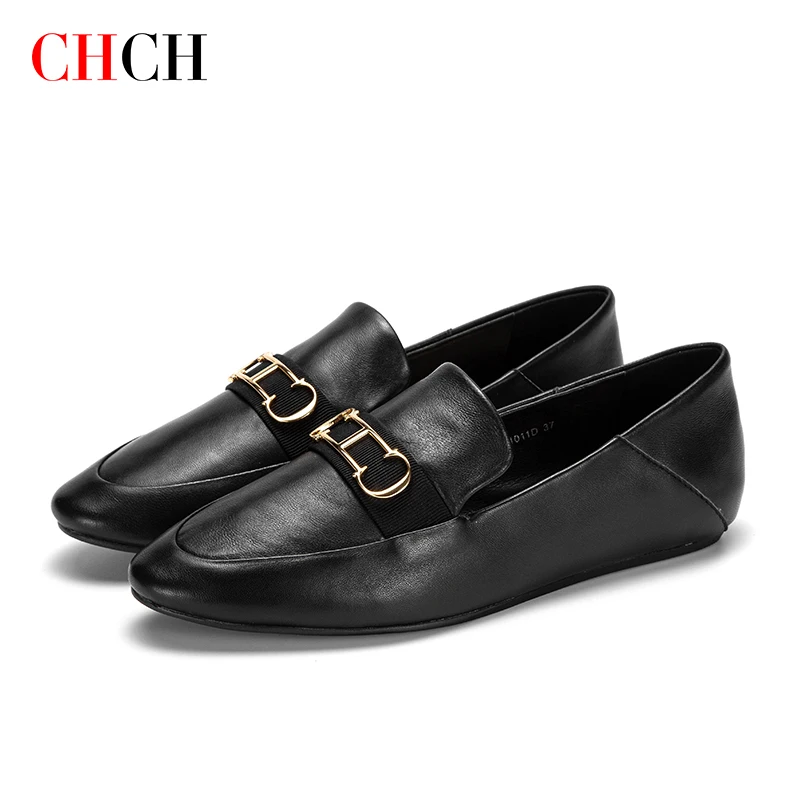 

CHCH Chunky heels japanned leather shoes woman toe large sizes 35-41 flats slip on casual comfy loafers solid brief moccasins