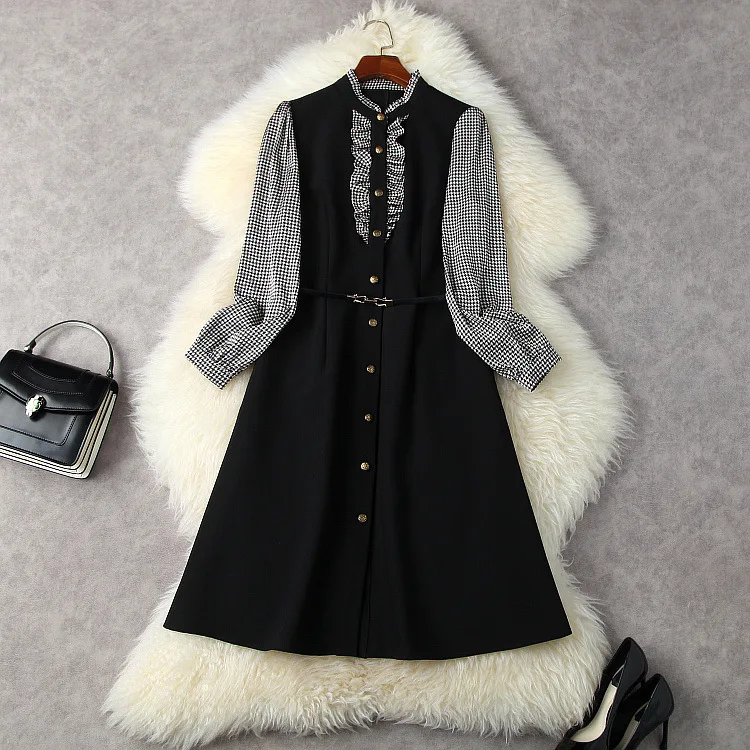 

Женская одежда в европейском и американском стиле, новинка весны 2022, модное клетчатое платье с длинным рукавом и золотым воротником, на пуго...