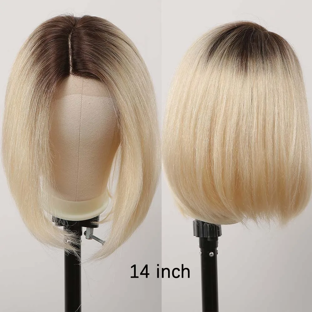 Blonde Bob Human Hair Wig Side Part Straight Ombre Lace Front Wigs for Women Transparent Remy Frontal Wig Glueless 14 inch Wig