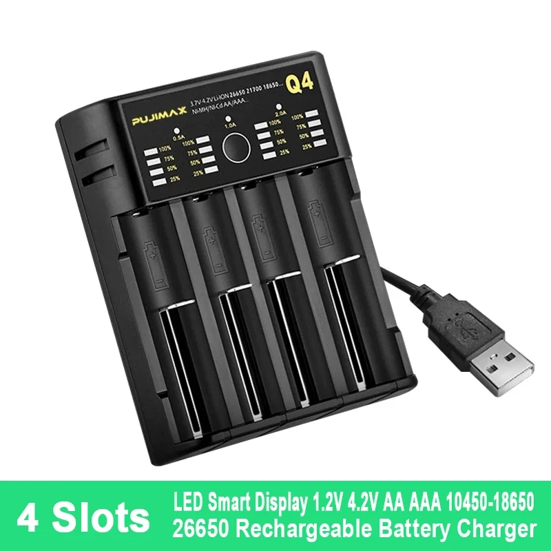 

4 Slots 18650 Battery Charger Smart LED Display Adjustable Current For 18350 18500 21700 20700 Lithium Battery Charging