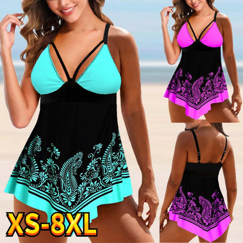 

2022 New Retro Printed High Waist Two Pieces Tankinis Set Swimsuit Female Women Loose Beachwear Swimwear Bather Bathing Suit