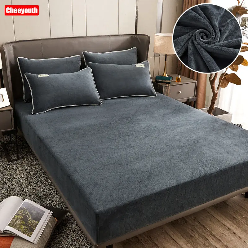 

Cheeyouth Warm Velvet Elastic Fitted Bed Sheet Mattress Cover Winter Solid Bed Cover Soft Bedspread Luxury Flannel Bed Sheet