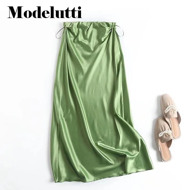 

Женская длинная юбка, однотонная, шелковая, зеленая