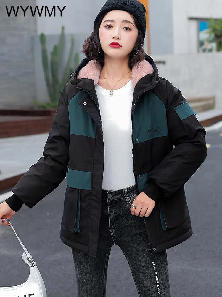 Winter Jacket Women Warm Parkas Fur Lining Snow Wear Jackets Spliced Hooded Coats Office Lady Slim Fashion Big Pockets Clothing