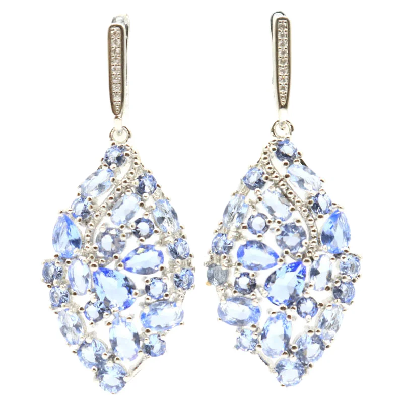 

New Statement Rich Blue Violet Tanzanite White Sapphire White CZ Woman's Engagemen 925 Silver Earrings