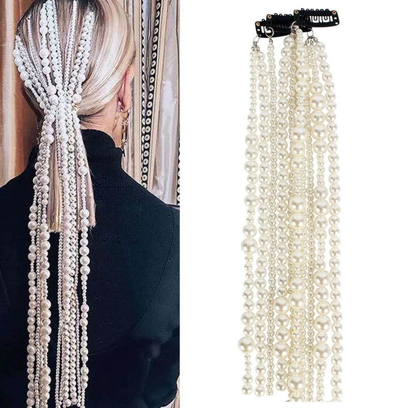 

New Simulated Pearl Long Tassel/Chain Bridal Wedding Hair Accessories Hair Clip Women Party Wedding Accessories Hair Jewelry