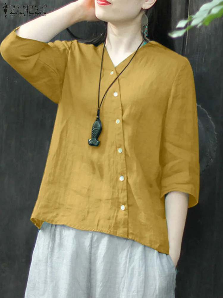 

Модная Асимметричная женская блузка на лето и весну, женская рубашка ZANZEA с V-образным вырезом и рукавом 3/4, рабочие топы, женские свободные хлопковые Блузы для женщин