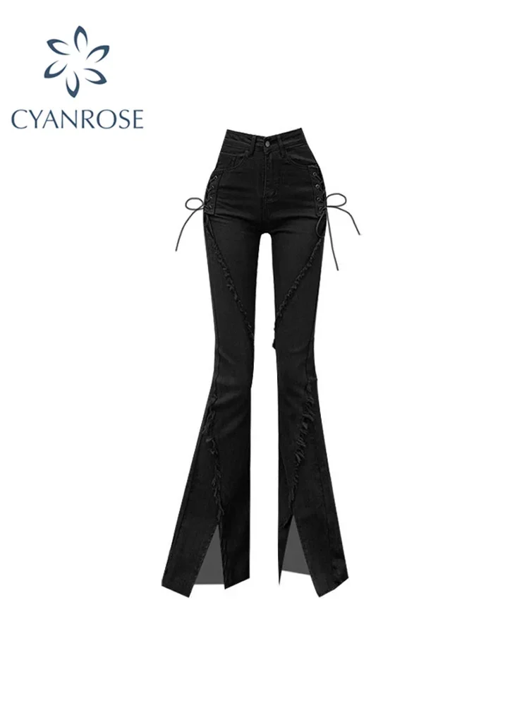 

Черные расклешенные джинсы, винтажные брюки с низкой талией и разрезом, уличная одежда, повседневные брюки-карго, женские состаренные джинсы в Корейском стиле