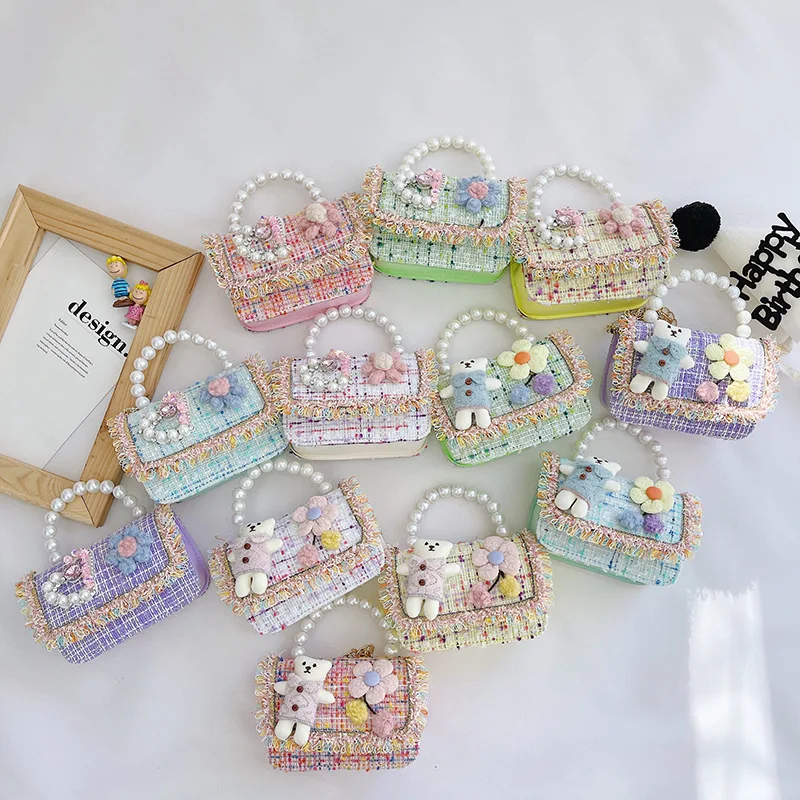Cute Bear Children' Small Square Shoulder Bags Luxury Design Baby Girls Crossbody Bag Fashion Princess Pearl Handbags Coin Purse