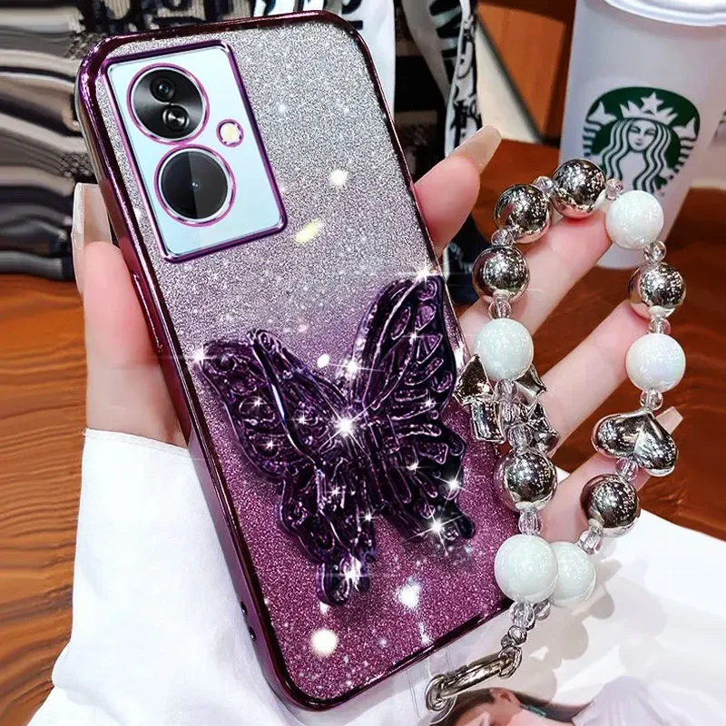 Фото 3D Butterfly Phone Holder Bead bracelet Glitter Case for Motorola Moto G85 G 85 G84 G83 G04 G14 G24 G34 G54 G73 E14 Stand Cover №1