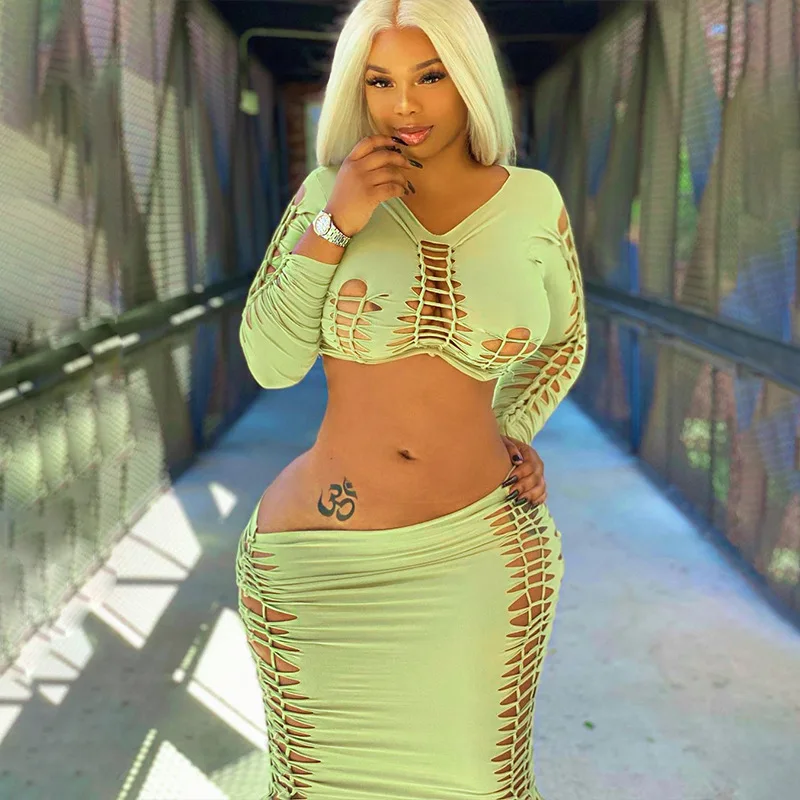 

Женский клубный комплект из двух предметов, укороченный топ с длинным рукавом и облегающая юбка средней длины с вырезами, Осень-зима 2022