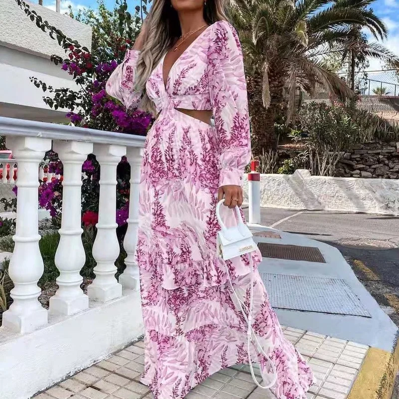 

Boho Beach Maxi Long Dress Sexy Hollow Out Deep V Neck Bohemian Women's Dress 2022 Print Ruffle Party Autumn Long Sleeve Dresses
