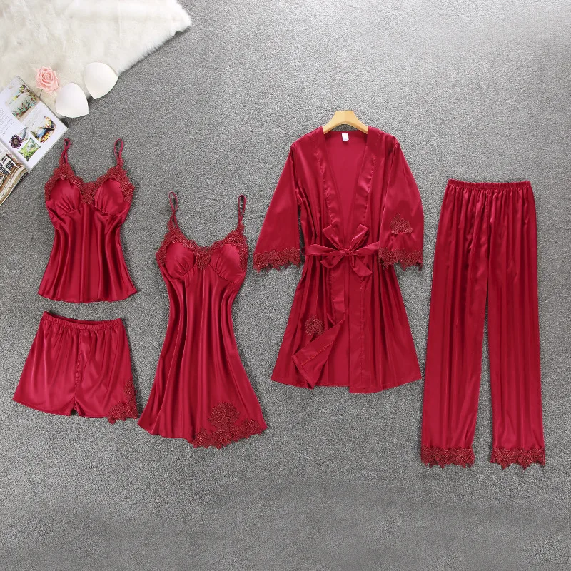

2/3/4/5pcs Pajama Set Women Lace Trim Satin Sleepwear Pyjamas Pour Summer Nightwear With Pants Casual Home Wear Kimono Robe Gown