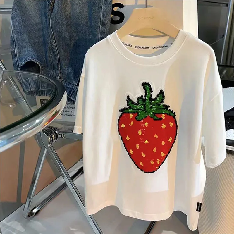 MILA CHOU 2022 Summer Baby Girls Cotton Change Colour Strawberry T-shirt Children Casual Short-sleeve O-neck Tee Kids Clothes