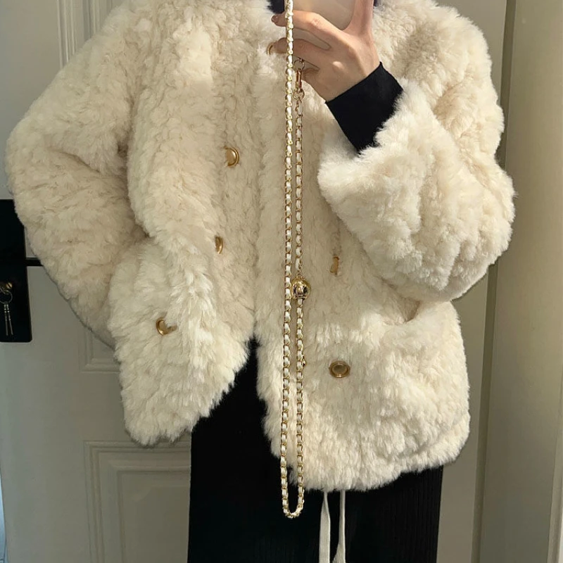 

Женское пальто из овечьей шерсти, свободное утолщенное белое пальто из хлопка с маленьким очаровательным капюшоном, новинка зимы 2022